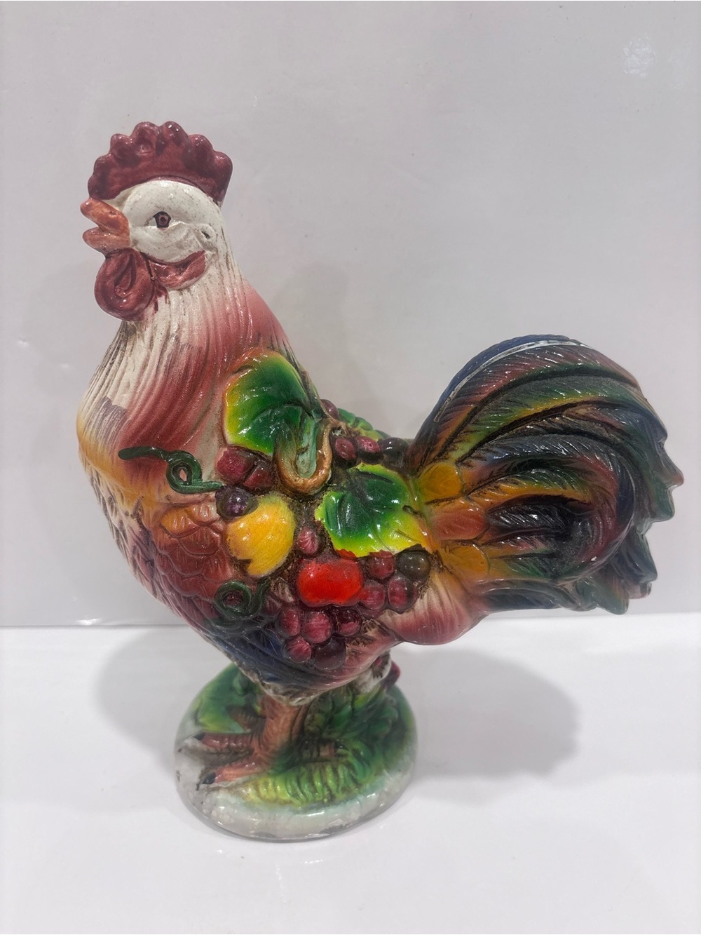 Vintage Ceramic Rooster Figurine Fruit Decor Hand Painted Farmhouse Country 9.5”